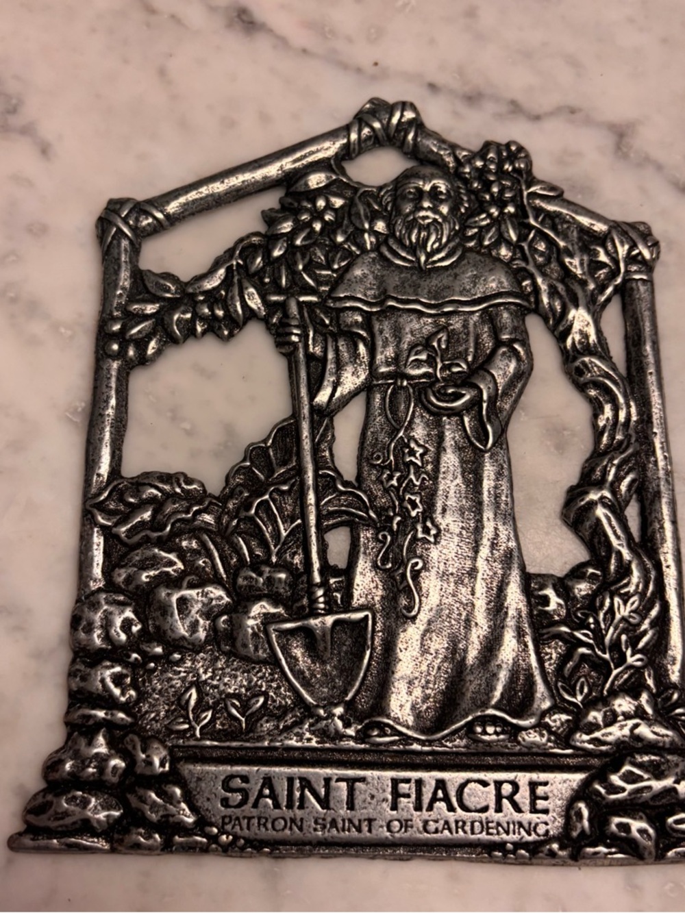 Saint Fiacre Metal Plaque - Antique Silver Tone